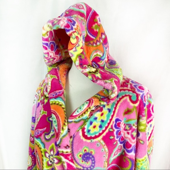 Vera Bradley Pink Paisley Fleece Plush Robe Hooded Bathrobe S/M - Picture 4 of 12
